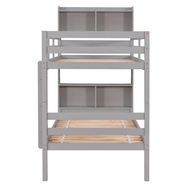 Twin Over Twin Bunk Beds with Bookcase Headboard, Solid Wood Bed Frame with Safety Rail and Ladder, Kids/Teens Bedroom, Guest Room Furniture, Can Be converted into 2 Beds, Grey