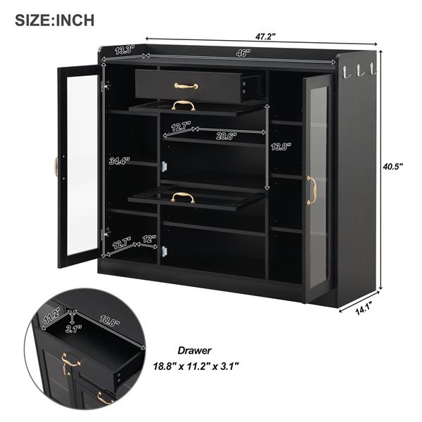 Modernist Side Cabinet with 4 Glass Doors & 3 Hooks, Freestanding Shoe Rack with Multiple Adjustable Shelves, Versatile Display Cabinet with Gold Handles for Hallway, Living Room, Black