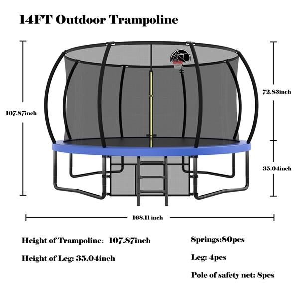 14FT Recreational Kids Trampoline with Safety Enclosure Net & Ladder, Outdoor Recreational Trampolines