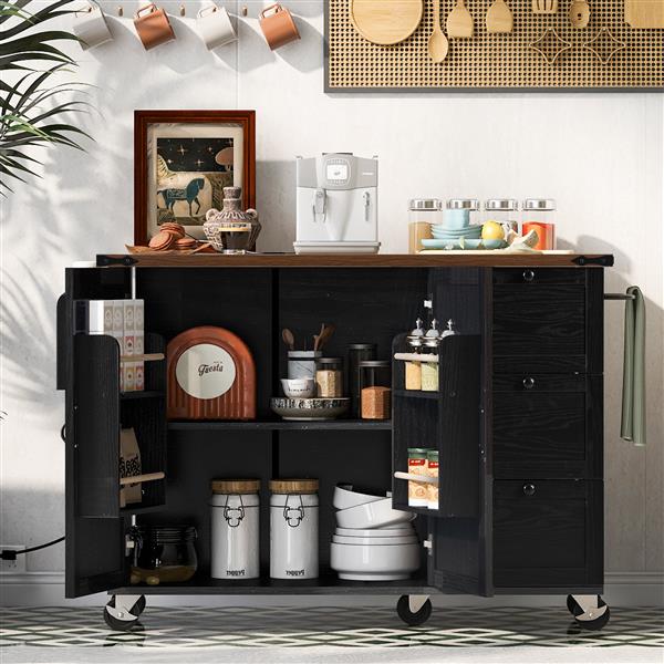 54.5" Farmhouse Kitchen Island with Power Outlet, Kitchen Storage Island  with Internal Storage Rack, Drop Leaf, Spice Rack, Rolling Kitchen Cart on Wheels, for Home, Kitchen and Dining Room,Black