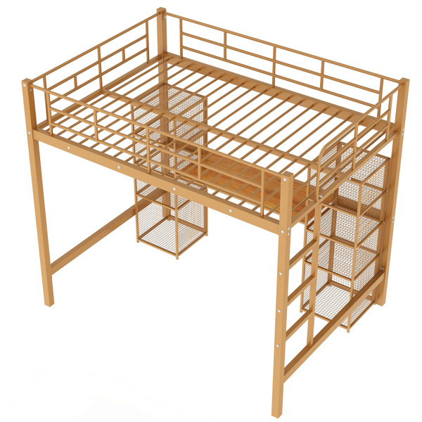 Full Size Metal Loft Bed with Built-in Desk and Shelves, Gold+Brown