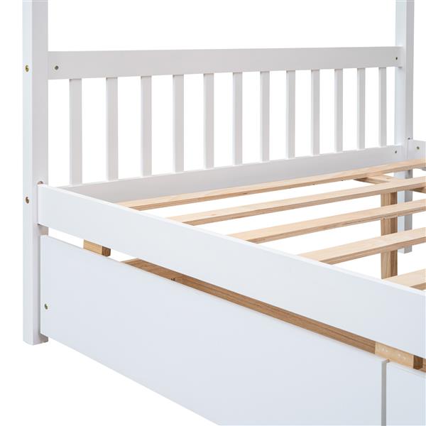 Full Size Wooden House Bed with Drawers, White