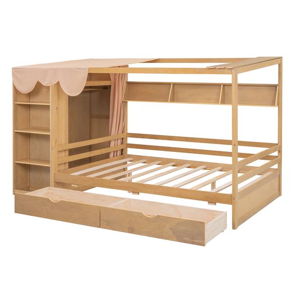 Full size House Bed with Two Drawers and Wardrobe,Natural