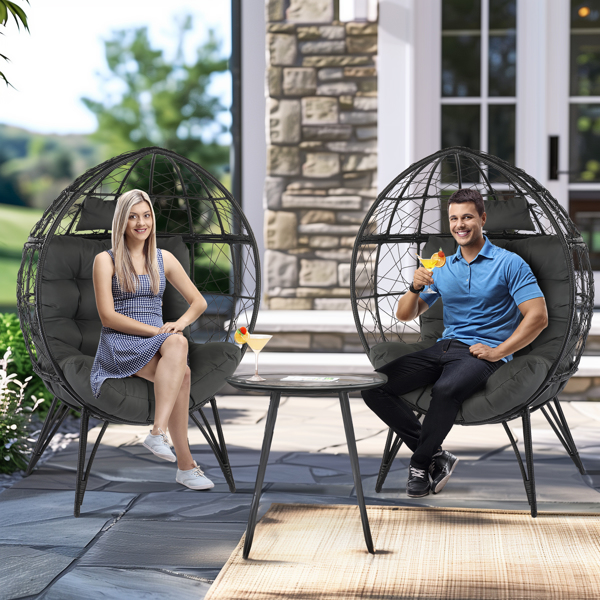 Wicker Egg Chair, Oversized Indoor Outdoor Lounger with Soft Cushions, Teardrop Cuddle Seat for Patio Porch Backyard Living Room Balcony, Black Rattan & Grey Cushion