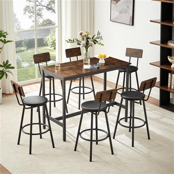 Pub High Dining Table 7 Piece Set, Industrial Style Pub Table, 6 PU Leather Bar Chairs for Kitchen Breakfast Table, Living Room, Bar, Rustic Brown, 47.2″L x 23.6"W x 35.4"H