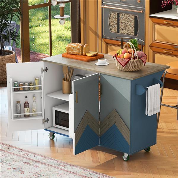 Retro Mountain Wood 47"D Kitchen Island with Drop Leaf, Cabinet with Internal Storage Rack, Farmhouse Rolling Kitchen Cart on Wheels for Living Room, Kitchen, Dining Room (Navy Blue)