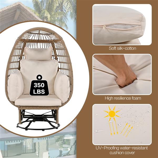 Outdoor Swivel Chair with Cushions, Rattan Egg Patio Chair with Rocking Function for Balcony, Poolside and Garden (Natural Wicker + Beige Cushion)