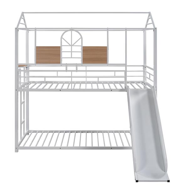 Twin Over Twin Metal Bunk Bed ,Metal Housebed With Slide,Three Colors Available.(White with White  Slide)