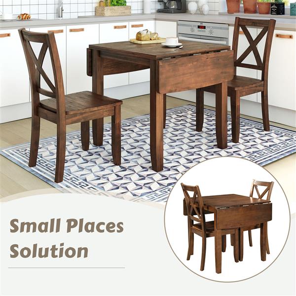 3-Piece Wood Drop Leaf Breakfast Nook Dining Table Set with 2 X-back Chairs for Small Places, Brown