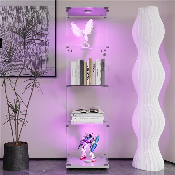 LED lights Glass Display Cabinet 4 Shelves with Door, Floor Standing Curio Bookshelf for Living Room Bedroom Office, 64.7"*16.7"*14.3" 
 white