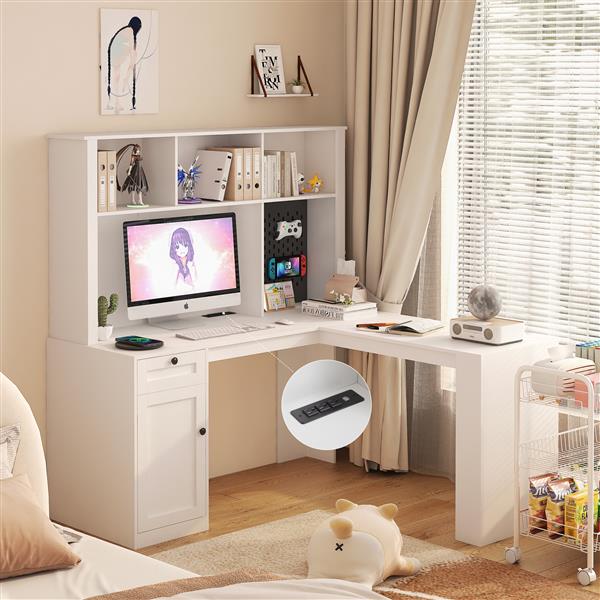 L Shaped Desk with outlet, Computer Desk with Drawers, Bookshelf & Hutch, Modern Corner Desk, Home Office Desk,L-Shaped Study Table Writing Desk,Corner Gaming Computer Desk with Storage