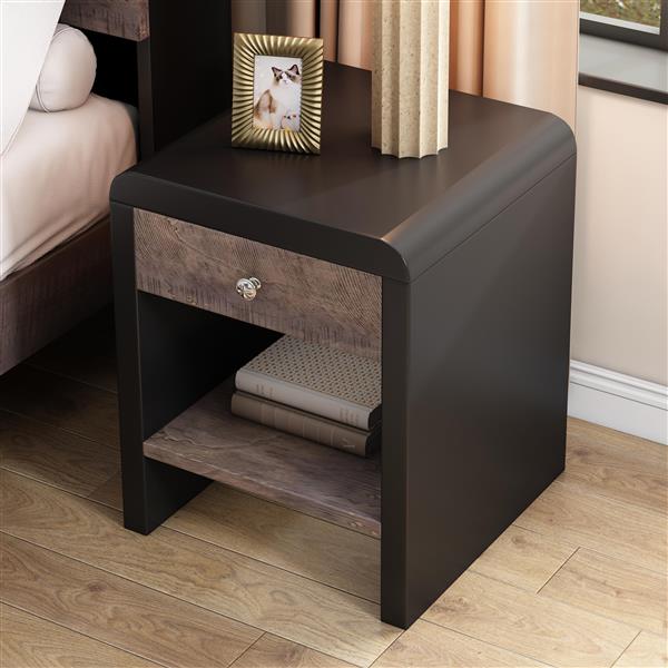 Mid Century Modern Style One-Drawer Nightstand, Walnut and Black