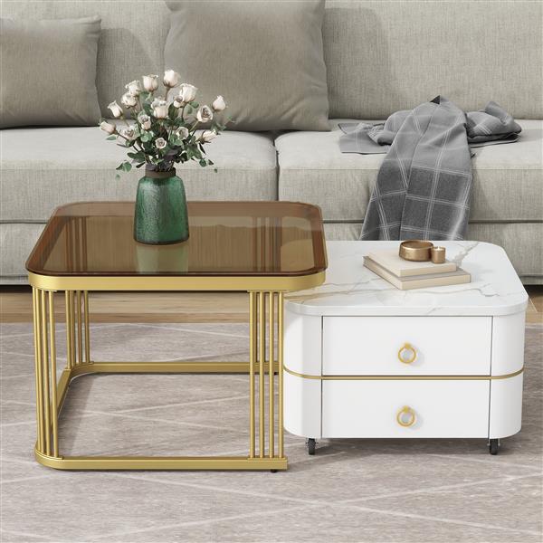 2-in-1 Square Nesting Coffee Table with Wheels & Drawers, Stackable Side Table with High Gloss Marble Grain Top, End Table Set with Brown Tempered Glass for Living Room, White