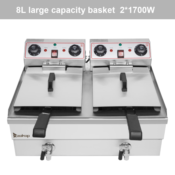 【Replace the old encoding 30593745】EH102V 16.9QT / 16L Total Capacity 24.9QT/23.6L Stainless Steel Faucet Double Tank Deep Fryer 3400W MAX (8L 8L Big Blue/Large Handle) 