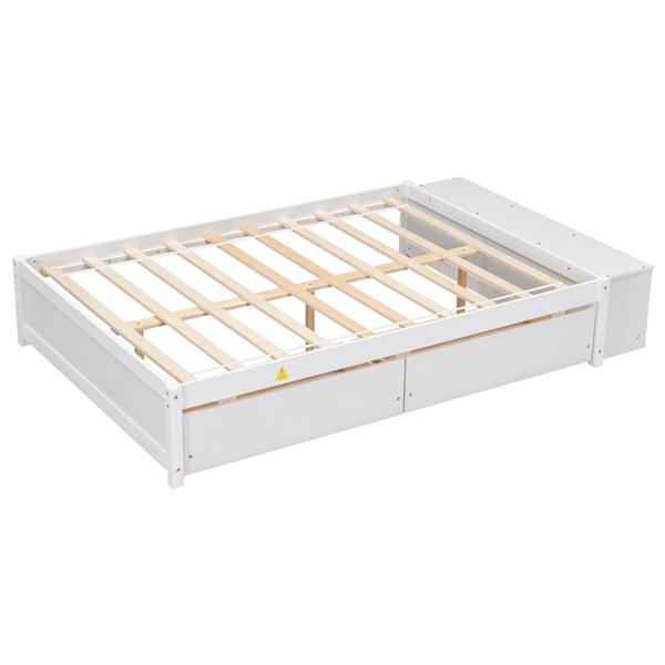 Full Size Bed with Storage Case, 2 Storage drawers, Lengthwise Support Slat,White