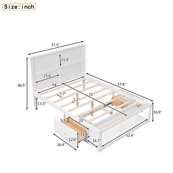 Full Size Platform Bed with Drawer on the Each Side and Shelf on the End of the Bed, White