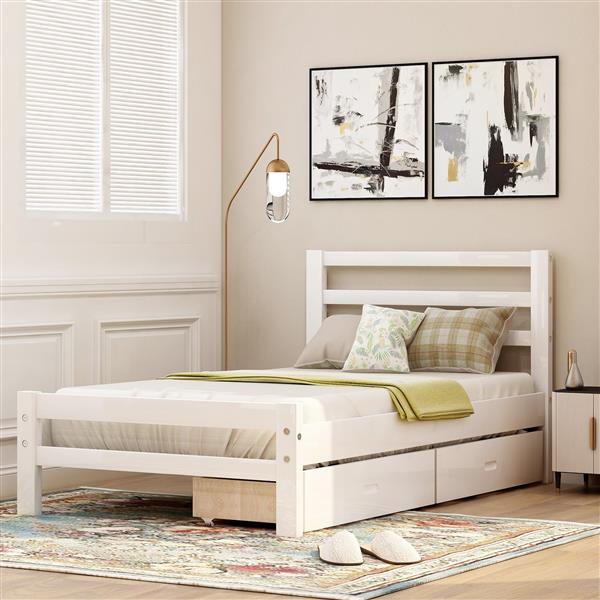 Wood platform bed with two drawers, twin (white)