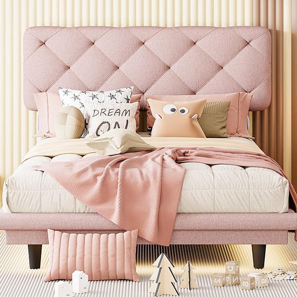 Twin Size Upholstered Bed with Light Stripe, Floating Platform Bed, Linen Fabric,Pink