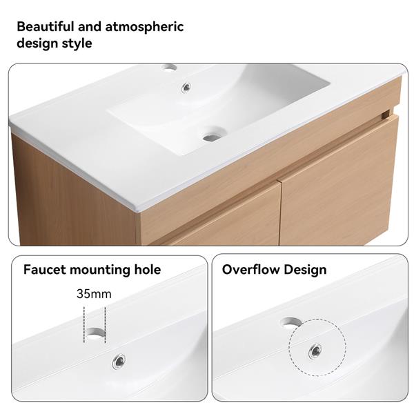 24 Inch Wall Mounted Bathroom Vanity with White Ceramic Basin,Two Soft  Close Cabinet Doors, Solid Wood,Excluding faucets,Light Oak