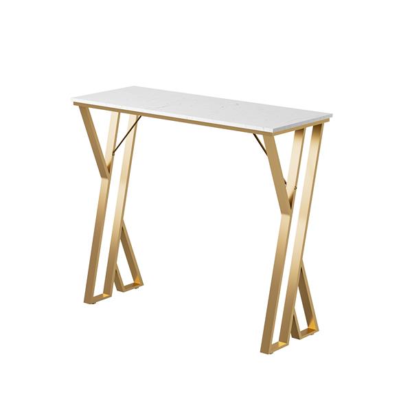 47" Modern High White Bar Table with Golden Double Pedestal