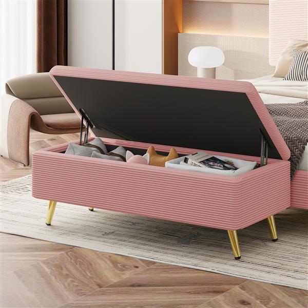 Modern Corduroy Upholstered Ottoman with Metal Legs, Storage Bench for Bedroom,Living Room,Pink