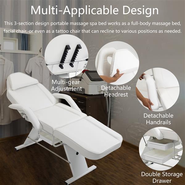 Massage Salon Tattoo Chair with Two Trays Esthetician Bed with Hydraulic Stool,Multi-Purpose 3-Section Facial Bed Table, Adjustable Beauty Barber Spa Beauty Equipment, White