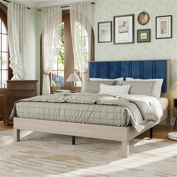 Full Bed Frame, Wood with Wood Headboard Bed Frame with upholstered headboard /  Wood Foundation with Wood Slat Support / No Box Spring Needed / Easy Assembly