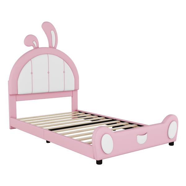 Twin Size Upholstered Platform Bed with Rabbit Shaped Headboard, Pink