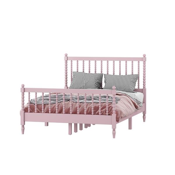 Full Size Wood Platform Bed with Gourd Shaped Headboard and Footboard, Pink