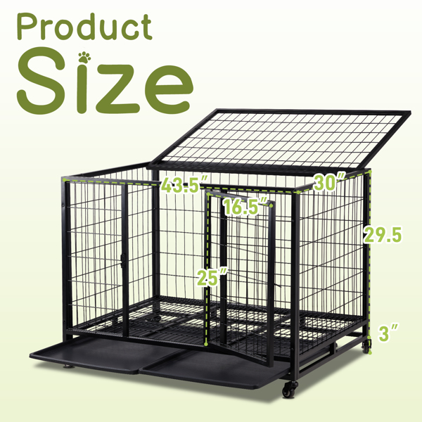 42 Inch Heavy Duty Dog Crate, Metal Dog Cage Dog Kennel for Medium to Large Dogs with Double Doors, Lockable Wheels and Removable Trays for Indoor & Outdoor