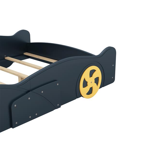 Full Size Race Car-Shaped Platform Bed with Wheels and Storage, Dark Blue+Yellow