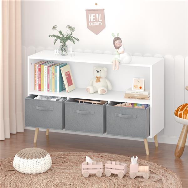 Kids bookcase with Collapsible Fabric Drawers, Children's Book Display, Toy Storage Cabinet Organizer, White/Gray