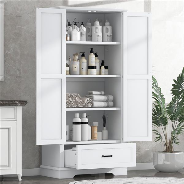 Tall Bathroom Storage Cabinet, Cabinet with Two Doors and One Drawer, Adjustable Shelf, MDF Board, White