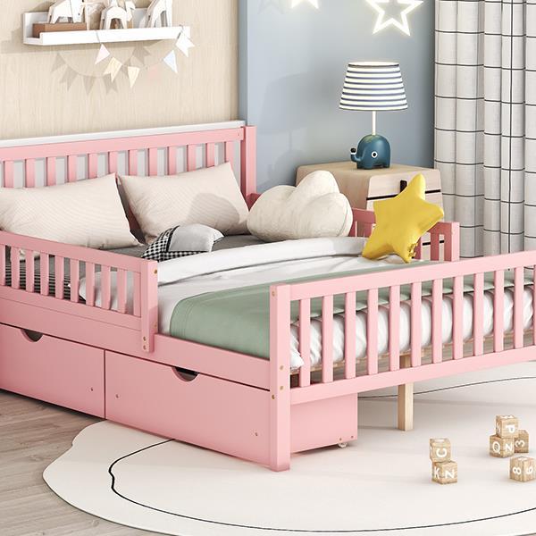 Full Size Wood Platform Bed with Guardrails on Both Sides and Two Storage Drawers ,Pink