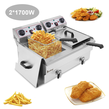 【Replace the old encoding 30593745】EH102V 16.9QT / 16L Total Capacity 24.9QT/23.6L Stainless Steel Faucet Double Tank Deep Fryer 3400W MAX (8L 8L Big Blue/Large Handle) 