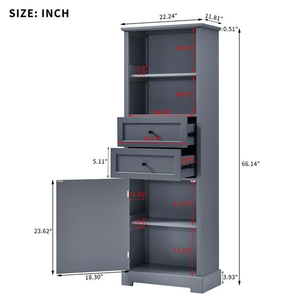 Bathroom Storage Cabinet, Tall Storage Cabinet with Two Drawers, Open Storage, Adjustable Shelf, Grey