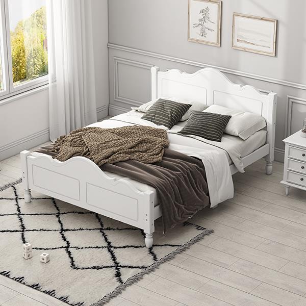 Traditional Concise Style Solid Wood Platform Bed, No Need Box Spring, White Queen