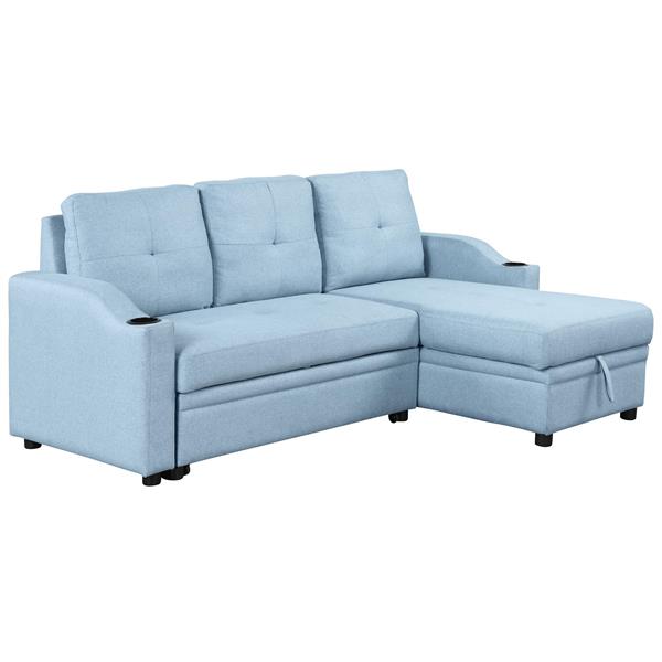 80.3". Pull Out Sofa Bed Modern Padded Upholstered Sofa Bed , Linen Fabric 3 Seater Couch with Storage Chaise and Cup Holder , Small Couch for Small Spaces