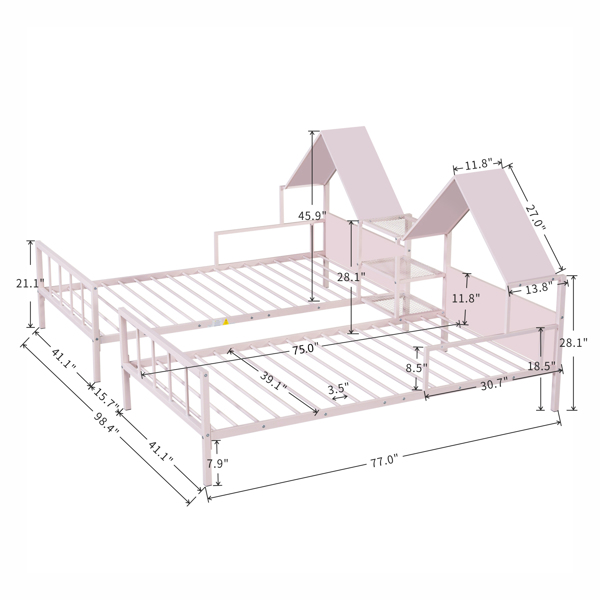 Metal Double Twin Size Platform Bed with House-shaped Headboard and a Built-in Nightstand, Pink