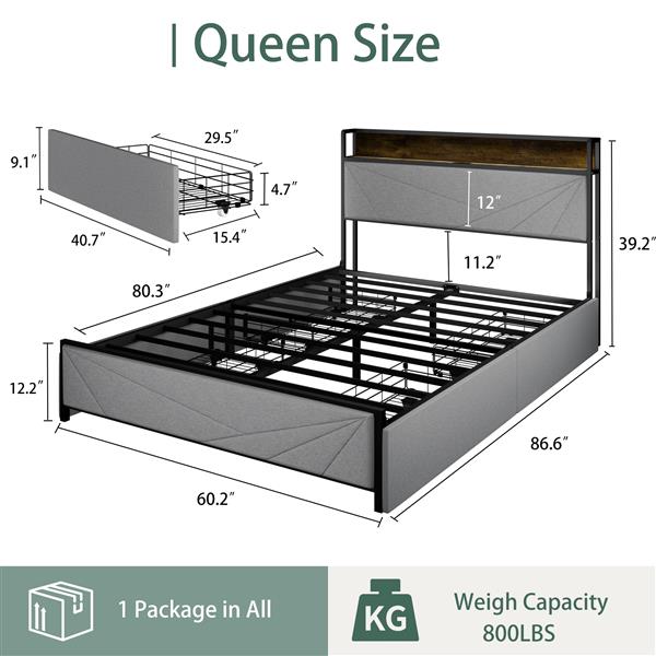 Queen Size Bed Frame with 4 Storage Drawers and 2 USB Ports, Upholstered Platform Bed Frame with Storage Headboard Charging Station and metal Slat Support, No Box Spring Needed, Dark Grey.