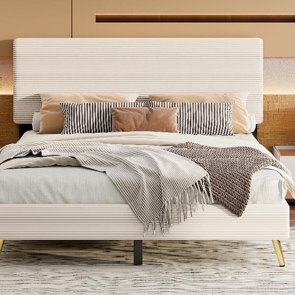 Queen Size Corduroy Upholstered Bed Frame, Platform Bed with Horizontal Stripe Headboard, No Box Spring Needed, Beige