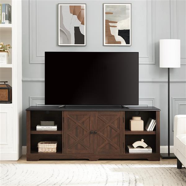 Modern Farmhouse TV Media Stand, Large Barn Inspired Home Entertainment Console, for TV Up to 80'', with Open Shelves and Closed Cabinets, Espresso and Black, 70"W*15.55"D*26.89"H