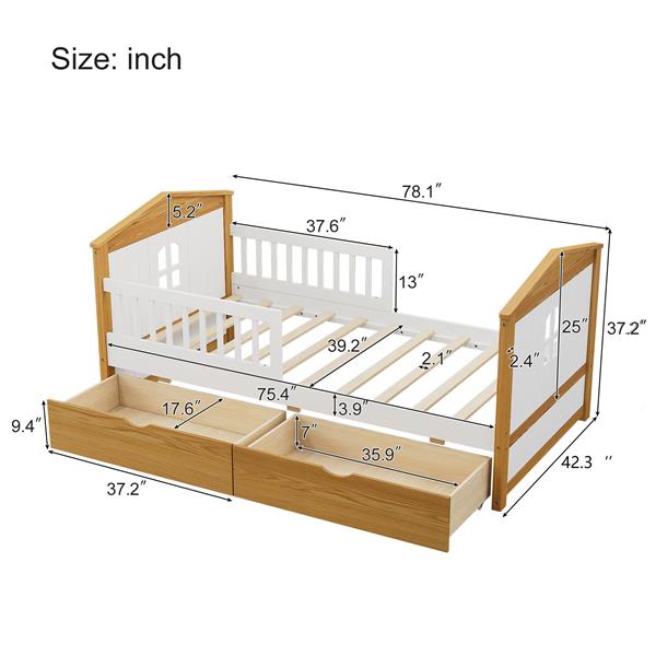 Twin Size House Shape Bed with  Two Drawers Wooden Bed for Girls Boys Teens, No Box Spring Needed, Walnut and White