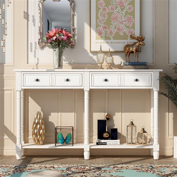 Console Table Sofa Table Easy Assembly with Two Storage Drawers and Bottom Shelf for Living Room, Entryway (Ivory White)