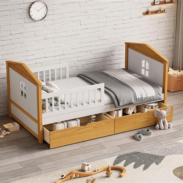 Twin Size House Shape Bed with  Two Drawers Wooden Bed for Girls Boys Teens, No Box Spring Needed, Walnut and White