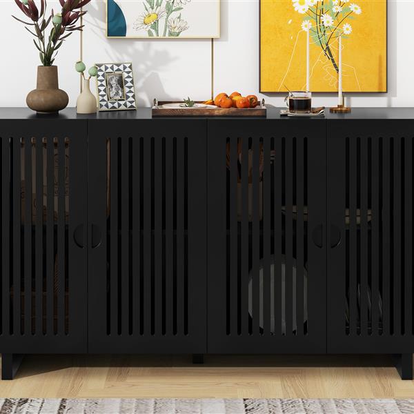 Modern Style Sideboard with Superior Storage Space, Hollow Door Design and 2 Adjustable Shelves for Living Room and Dining Room (Black)