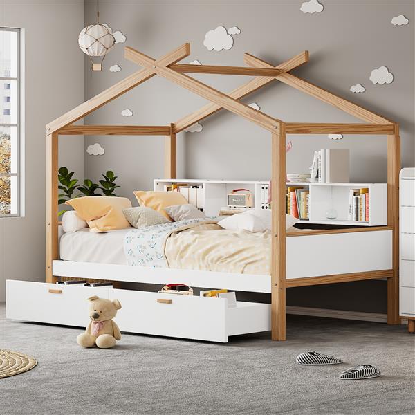 White Twin Size Wooden House Bed Original Wood Colored Frame with Two Drawers and Bookshelf Storage Space for Children or Guest Room