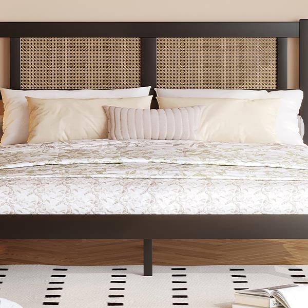 Queen Size Wooden Platform Bed with Natural Rattan Headboard, Exquisite Elegance with Minimalist Charm for Bedroom, Black