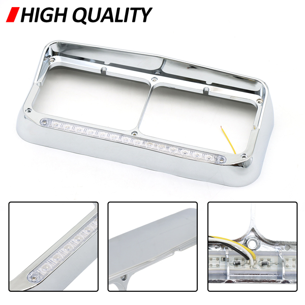 Dual Rectangular 2X for 4x6 Light Headlight Bezel with 12" Amber LED Light Strip for Kenworth T400 T600 T800 W900B W900L Peterbilt 378 379 Western Star 4900 Trucks (Clear Lens/White LED)