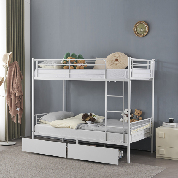 Twin Over Twin Bunk Bed with Two Storage Drawers & Full-Length Guard Rail, Heavy Duty Metal Bunk Bed for Kids Teens Adults, White